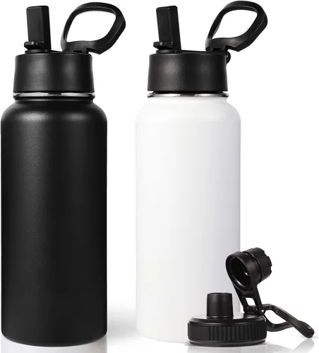 Miniatura 34 de Neihepal Botella de agua aislada de 32 onzas con 2 tapas (tapa con pajilla y boquilla), botellas de agua de doble pared de acero inoxidable 18/8