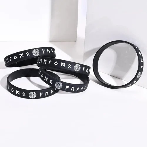 Miniatura 4 de MEALGUET 5 pulseras vikingas para hombre pulsera vikinga nórdica negra para hombres y mujeres, banda de goma de silicona de ajuste cómodo, joyería