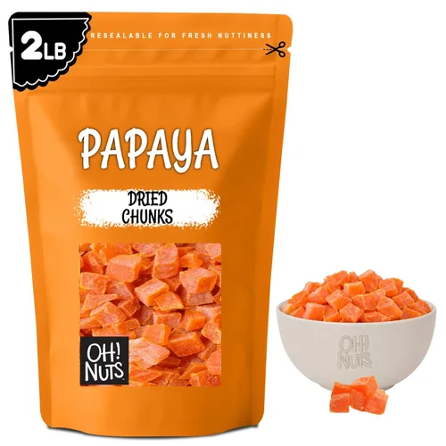 Oh! Nuts Trozos de papaya seca – 2 libras – Trozos de frutas secas – Menos azúcar añadido – Bocados de frutas deshidratados – Empaquetados en bolsa