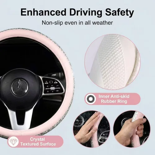 Miniatura 5 de Funda de volante rosa con diamantes de imitación, protector antideslizante de cuero con purpurina para volante de automóvil, ajuste universal
