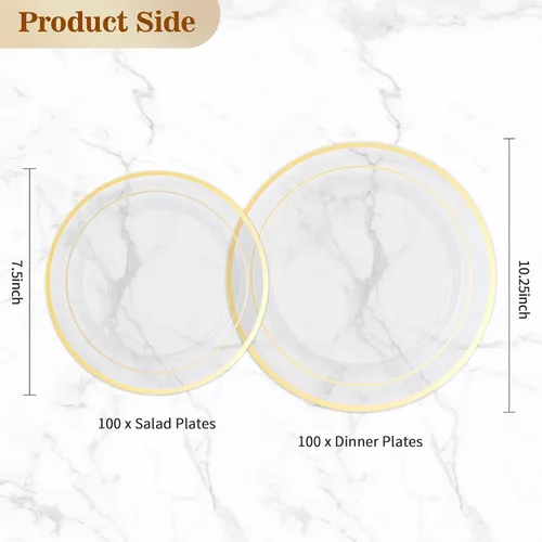 Miniatura 4 de BESTVIP 200 piezas platos de plástico dorado transparente, platos desechables para fiestas con 100 platos de cena y 100 platos de postre, platos