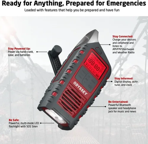 Miniatura 4 de Eton Odyssey Radio meteorológica NOAA con manivela, radio de emergencia de todas las bandas, radio tormenta de onda corta AM/FM, Bluetooth, cargador