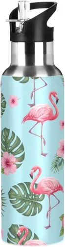 Tropical Pink Flamingos Blue Insulated Water Bottle 20 Oz Leakproof Water Bottles, BPA-Free Sport Water Bottle Insulated