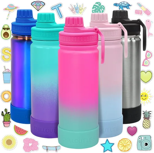 CHILLOUT LIFE Botella de agua aislada para niños de 17 onzas para la escuela con tapa de boquilla a prueba de fugas y bonitas calcomanías Slushy