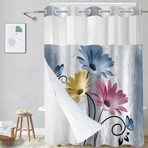 Miniatura 10 de Cortina de Ducha Floral de Acuarela Azul, Cortina de Ducha Sin Gancho, Cortinas de Ducha de Poliéster con Broche en Tela, Ventana Superior