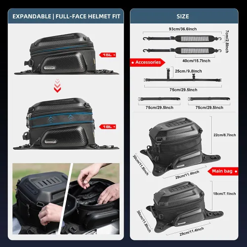 Miniatura 3 de Rhinowalk Bolsa de tanque para motocicleta, 15-18L expandible, almacenamiento impermeable para todo clima, fibra de carbono, color negro