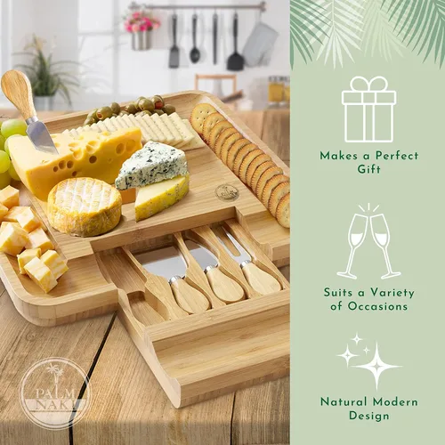 Miniatura 3 de Juego de tabla de queso de bambú y 4 cuchillos, tabla de charcutería con cuchillos, plato grande de charcutería de 13 pulgadas y bandeja