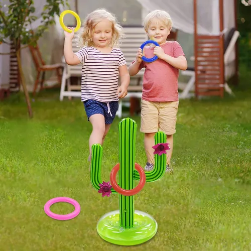 Miniatura 3 de Juego de juguetes de piscina, aro de baloncesto inflable para piscina, juego de lanzamiento de anillos cruzados y cactus inflables para niños