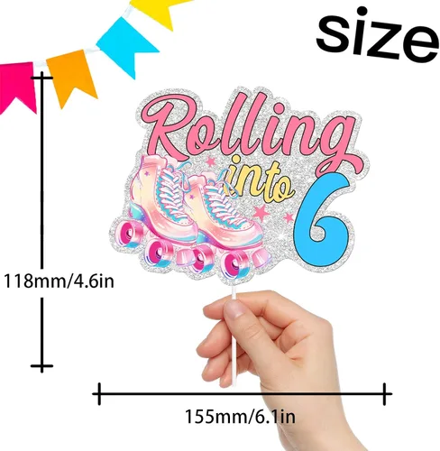 Miniatura 2 de Patines rosados con purpurina para tartas para niños y niñas que se enrollan en 6 suministros de decoración de fiesta de cumpleaños de los años 80