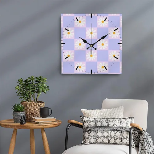 Miniatura 5 de Retro Checkered Purple Flower Small Wall Clock Clocks for Bedroom Battery Operated Wall Clock Silent Clocks Battery Operated Relojes De Pared for