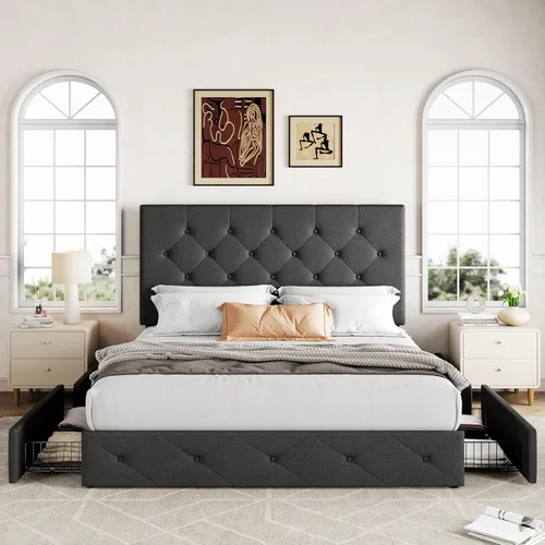 Miniatura 3 de Allewie - Base de cama con plataforma de tamaño Queen, tapizada, con 4 cajones de almacenamiento y cabecera, botones cosidos en forma de diamante