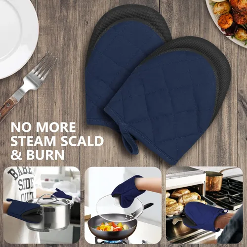 Miniatura 7 de 1 par de manoplas cortas para horno - Guantes de horno de silicona para cocina, resistentes a altas temperaturas de 500℉, manoplas mini con Azul