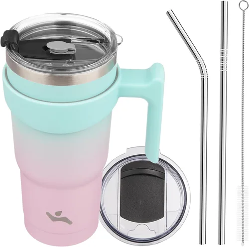 Miniatura 65 de Konokyo - Vaso de 10 onzas con asa y 2 popotes, 2 tapas, botella de agua aislada de acero inoxidable, taza de viaje reutilizable, color verde militar
