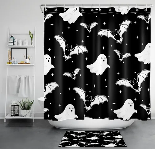 Miniatura 30 de HVEST Cortina de ducha con ganchos, calabaza espeluznante y fantasma con sombrero de bruja negro, juego de cortina de ducha naranja con flores