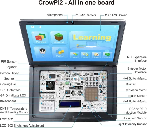 Miniatura 5 de ELECROW Crowpi2 - Kit todo en uno para Raspberry Pi 5, kit todo en uno para laptop Raspberry Pi con pantalla de 11.6 pulgadas (kit básico)