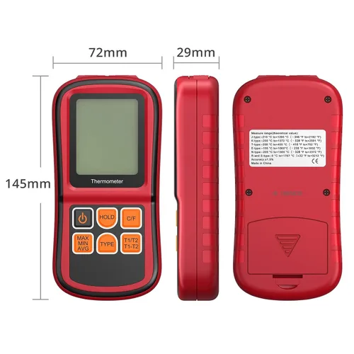 Miniatura 6 de Kamtop Termómetro de termopar digital de doble canal, medidor de temperatura tipo K con 2 sondas de termopar, medición T1/T2 y T1-T2, LCD