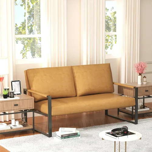 Miniatura 5 de Lamerge Sofá biplaza, sofá moderno de cuero de 2 plazas, sofá de mediados de siglo tapizado, sillón decorativo para sala de estar con marco