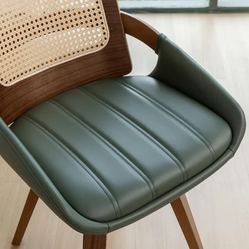 Miniatura 6 de Juego de 2 sillas de comedor de ratán verde, sillas de comedor modernas de mediados de siglo con marco de madera curvada de nogal, respaldo Nogal