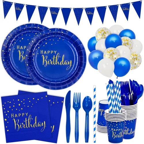 DYLIVeS Paquete de 204 piezas de decoraciones de cumpleaños azules, puntos de aluminio azules y dorados, suministros de fiesta de feliz cumpleaños