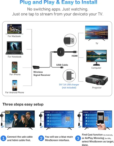Miniatura 3 de AT-Mizhi Adaptador Dongle de pantalla HDMI inalámbrica 4K 1080P - Receptor de pantalla de espejo Audio Video de i-Phone/Pad/Mac/Android/Win Laptop a