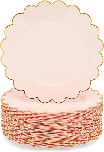Sparkle and Bash Platos de plástico rosa para fiestas, paquete de 50 – 9 pulgadas de borde festoneado brillante rosa y dorado – Platos desechables