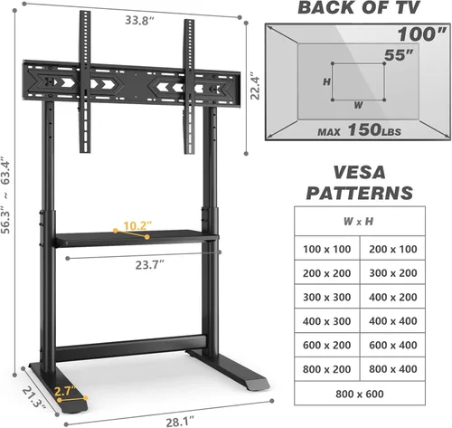 Miniatura 7 de TVON Soporte de TV de suelo resistente para televisores grandes de 55 a 100 pulgadas de hasta 150 libras, soporte de TV alto universal con soporte