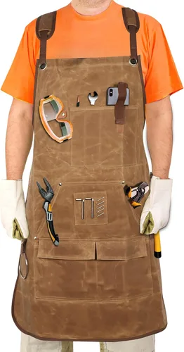 Delantal de carpintería de lona encerada para hombre con bolsillos, delantal de taller resistente, correas cruzadas ajustables a S-3XL