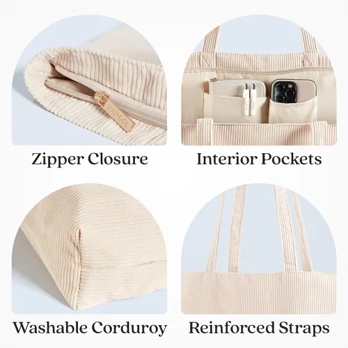 Miniatura 2 de VANDEL Bolso tote de pana para mujeres y hombres con cremallera y bolsillos interiores. Bolso tote con cremallera, bonita bolsa estética