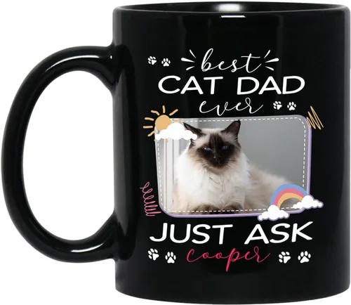 Taza de cerámica negra personalizada para elegir nombre y foto con texto en inglés "Best Cat Dad Ever Just Ask", taza de café personalizada de 11