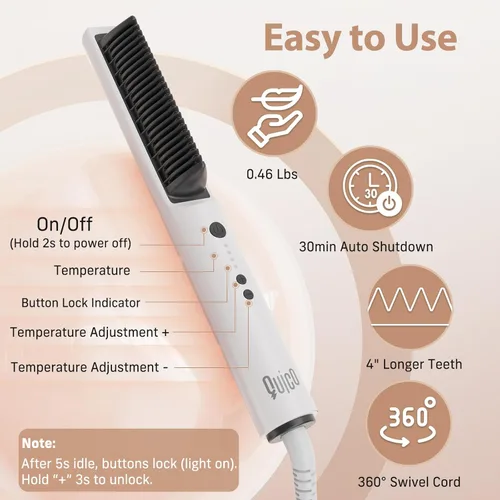 Miniatura 7 de Quico Hair Straightener Brush, 100-240V Ionic Travel Straightener Brush for Women, Ceramic Dual Voltage Hair Straightener Comb, Electric Hot Comb