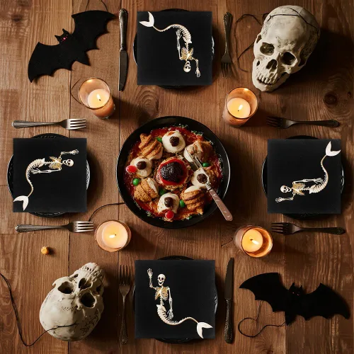 Miniatura 6 de 60 servilletas de Halloween – Servilletas de papel desechables de 6.5 x 6.5 pulgadas, servilletas negras de esqueleto de sirena para reuniones