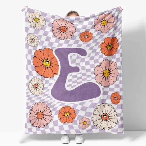 Miniatura 7 de Manta retro de los años 70 con inicial B floral a cuadros, groovy abstracta estética, manta de franela suave personalizada, regalos con monograma