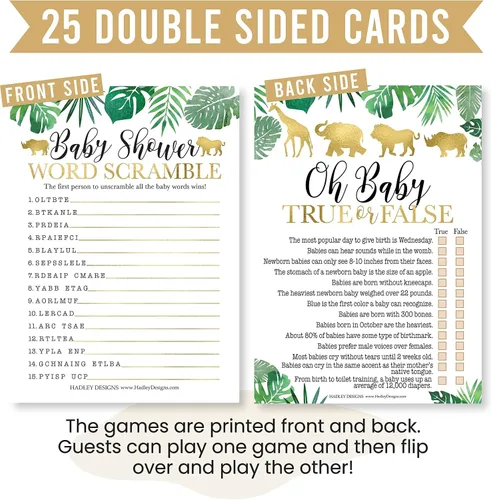 Miniatura 3 de Hadley Designs Juegos de baby shower para 25 invitados – Safari Baby Shower Juego de palabras Scramble, verdadero o falso, juego de baby shower