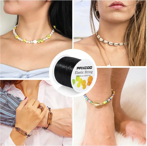 Miniatura 7 de Cuerda elástica negra Paxcoo, cordón elástico para cuentas para pulseras, collares, fabricación de joyas y suministros para enhebrado
