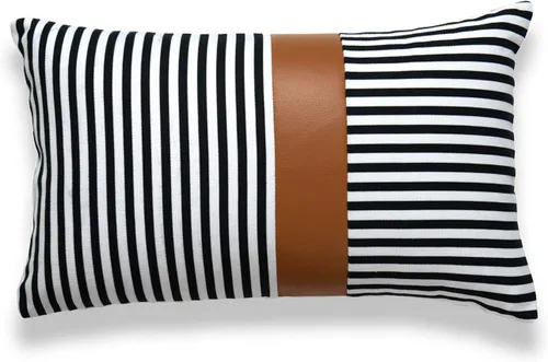 Hofdeco Funda de almohada de piel sintética y 100% algodón, diseño moderno a rayas color negro camel, 12 x 20 pulgadas