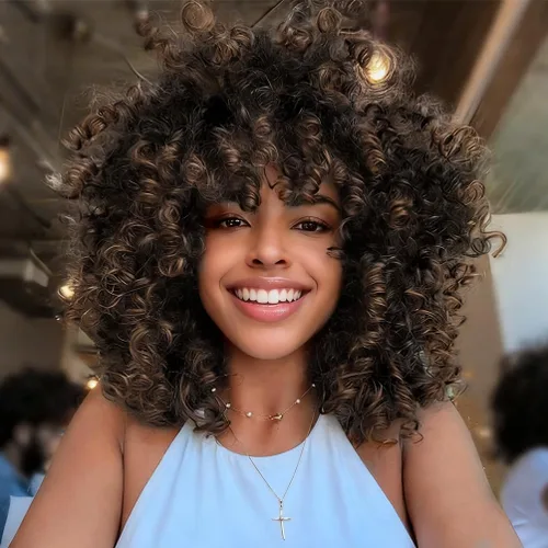 rosmile Pelucas Rizadas para Mujeres Negras - Peluca Afro Completa de Cabello Sintético Africano Americano Negro Mezclado Castaño Oscuro Rizado con