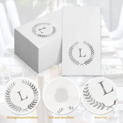 Miniatura 4 de Paquete de 200 servilletas desechables con monograma con letra L en papel de aluminio plateado, servilletas para invitados con inicial, toallas