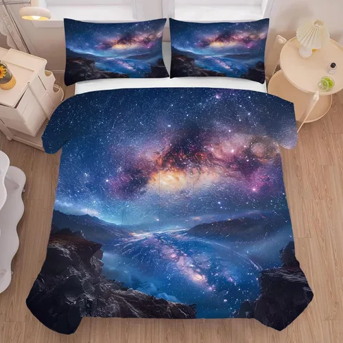 Miniatura 15 de Juego de edredón de galaxia azul, tamaño individual, ropa de cama espacial para niños, niñas, adolescentes, decoración de dormitorio, luna, nube