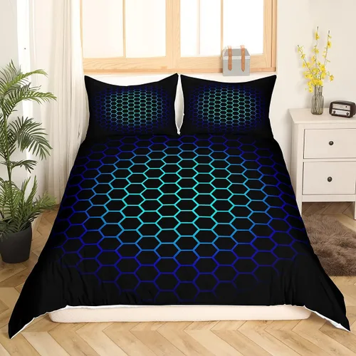 Miniatura 35 de Funda de edredón de panal para niños, hombres y niñas, juego de ropa de cama moderno con temática geométrica hexagonal, diseño de cuadrícula