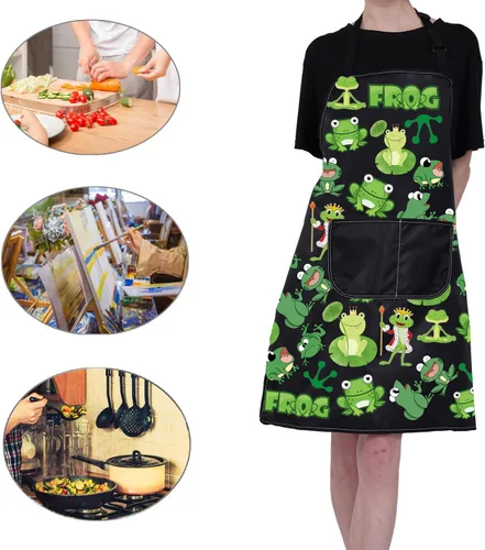 Miniatura 7 de CMNIM Delantal de rana con bolsillo, lindo delantal de cocina y horneado, divertido delantal de jardinería para regalos de amantes de las ranas