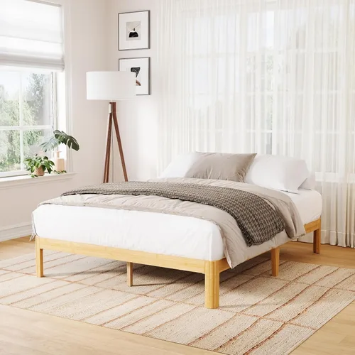 Base de cama tamaño matrimonial de 10 pulgadas de bambú con diseño de patas de hierro, base de cama con soporte de listones de metal tamaño