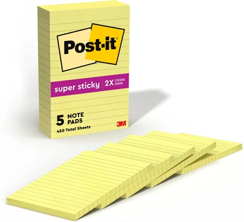 Post-it Notas súper adhesivas, 4 x 6 pulgadas, 5 blocs, 2 veces el poder de adherencia, amarillo canario, reciclables
