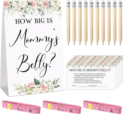Miniatura 24 de Sabary 64 Piezas Juegos de Baby Shower Incluyen Letrero How Big is Mommy's Belly Sign Measure Bump Game 50 Tarjetas 10 Lápices 3 Cintas Métricas