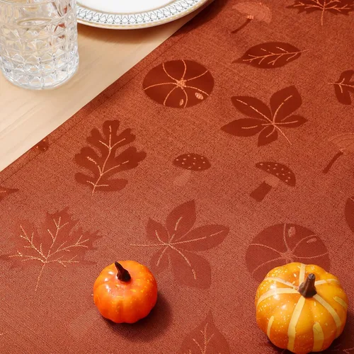 Miniatura 7 de Moosfor Camino de mesa rectangular de Acción de Gracias de 13 x 72 pulgadas, mantel jacquard impermeable de otoño con calabaza, hongos, manteles