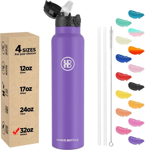 Miniatura 38 de Han's Bottle - Botella de agua para niños con tapa con pajilla - Vaso reutilizable de acero inoxidable aislado para niñas, niños, taza termo, 17