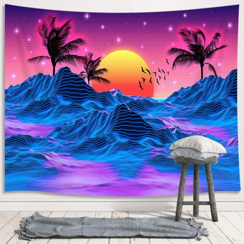 Miniatura 3 de JAWO Tapiz pequeño retro neón Trippy para hombres, fresco sol de montaña de los años 70 y 80, decoración de habitación estética, tapiz colgante