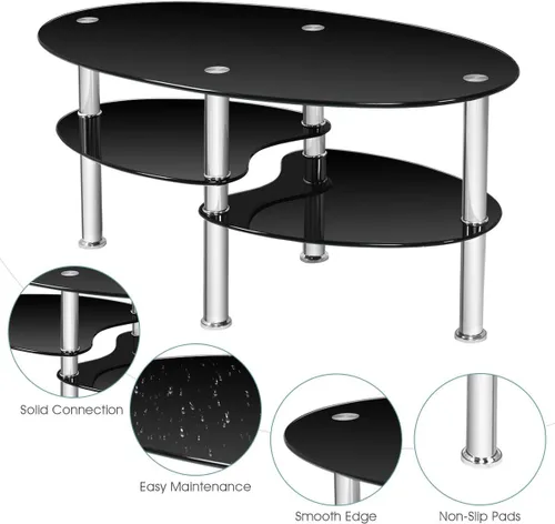 Miniatura 7 de POWERSTONE Mesa de centro ovalada negra de 3 niveles de vidrio templado, pequeña y moderna para oficina en casa, sala de estar, espacios pequeños