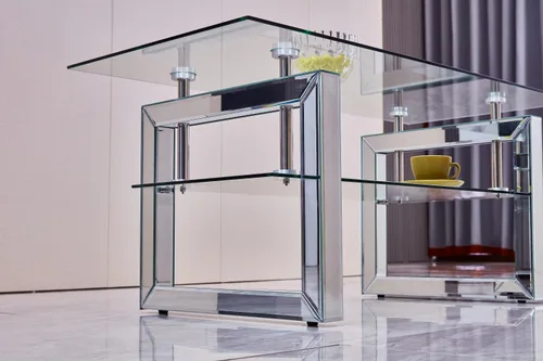 Miniatura 5 de Mesa de café moderna de vidrio para sala de estar, oficina, mesa de centro rectangular de 2 niveles de 39.4 pulgadas con patas espejadas, mesa