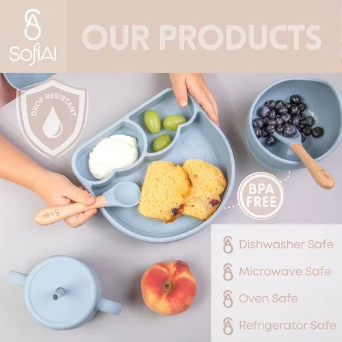 Miniatura 7 de Juego de alimentación de bebé de silicona no tóxica sin BPA – Placa de succión, cuenco, babero y taza – Juego de 11 piezas para bebés de 6 a 18 Azul