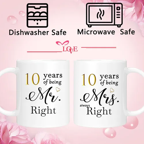 Miniatura 5 de Juego de 2 tazas de café para el 10º aniversario, regalos de boda para parejas, padres, hombres, mujeres, marido, esposa, él, ella, caja de regalo